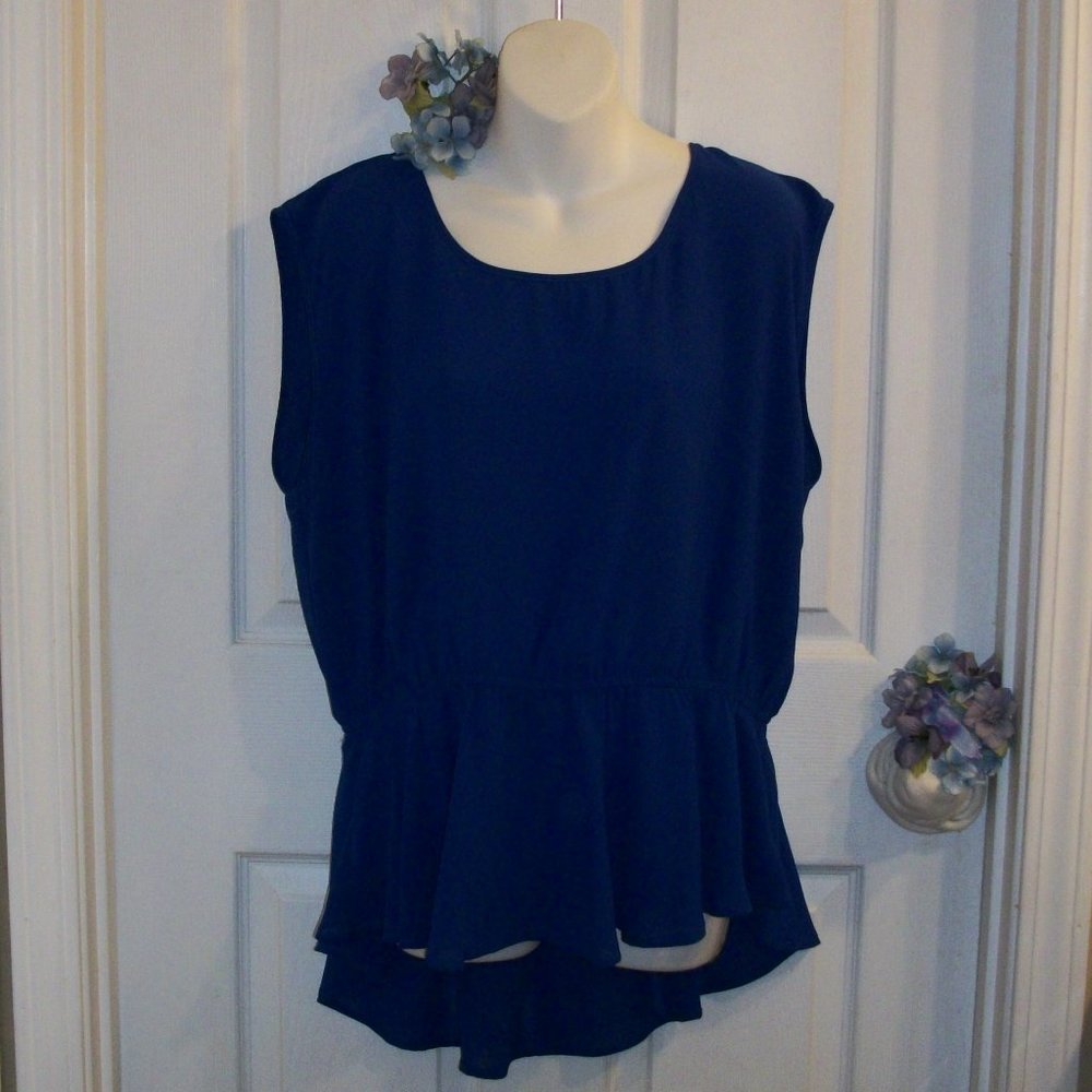 MINE TOO 2XL Cobalt Blue Peplum Pullover Top NWT Cut Out Back Semi Sheer